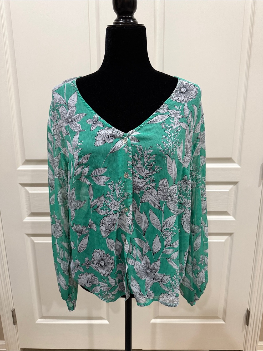 a new day Teal Floral V-Neck Button-Front Blouse
